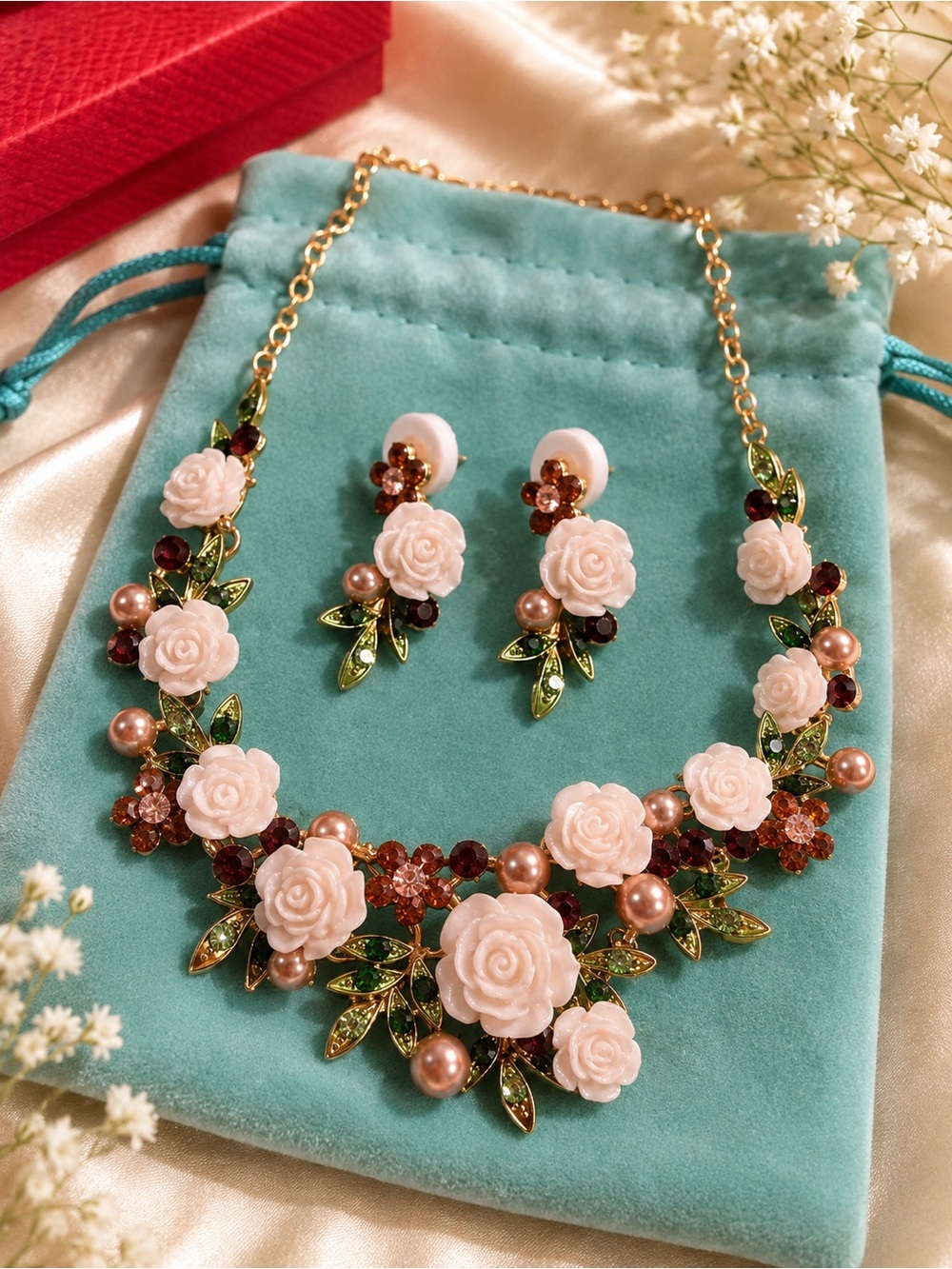 Floral Rose Statement Necklace and Earring Set - Pink and Gold